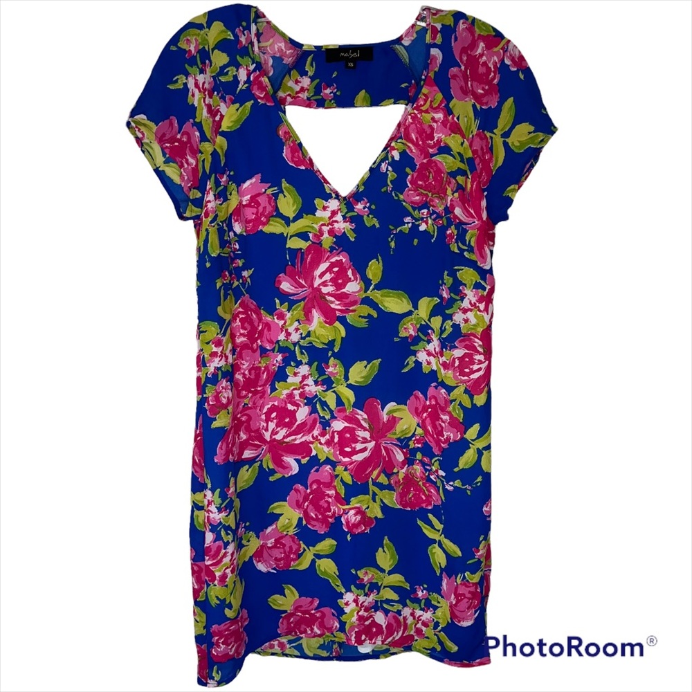 Mabel Blue Floral V-Neck Mini Dress. Size XS